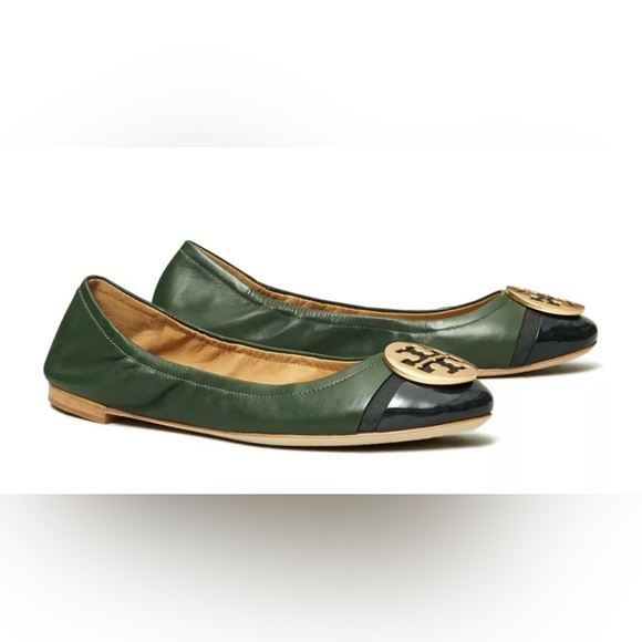 TORY BURCH MINNIE GREEN AND GOLD LEATHER CAP TOE BALLET FLATS SIZE 8